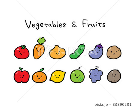 ゆるくてかわいい野菜と果物のキャラクターの手書き風イラストセットのイラスト素材 01