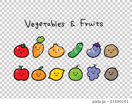 ゆるくてかわいい野菜と果物のキャラクターの手書き風イラストセットのイラスト素材 01