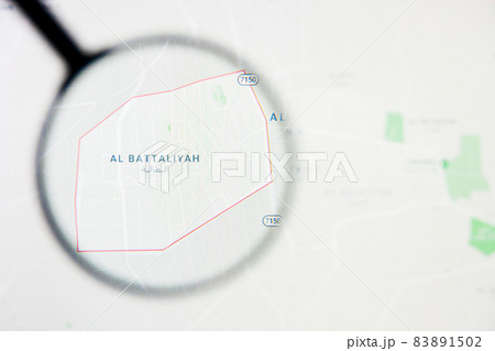 Al Battaliyah city in Saudi Arabia visualization illustrative concept on display screen through magnifying glass Al Battaliyah city in Saudi Arabia visualization illustrative concept on display screen through magnifying glass 83891502