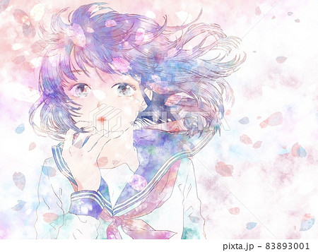 なびく髪の女子学生 ピンク系背景と桜吹雪のイラスト素材 3001