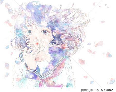 なびく髪の女子学生 桜吹雪のイラスト素材 3002