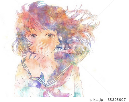 なびく髪の女子学生/反射する夕焼け 83893007