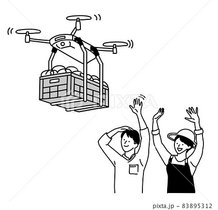ドローン　配送　配達　イラスト　白黒　モノクロ 83895312