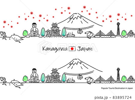 神奈川県の観光地の街並みと新型コロナウイルスのシンプル線画セット 83895724