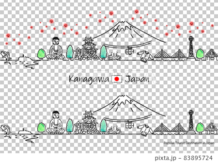 神奈川県の観光地の街並みと新型コロナウイルスのシンプル線画セット 83895724