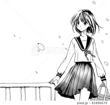 歩いてくる女子学生のモノクロイラスト背景なし 歩いてくる女子学生のモノクロイラスト背景なし 83896670