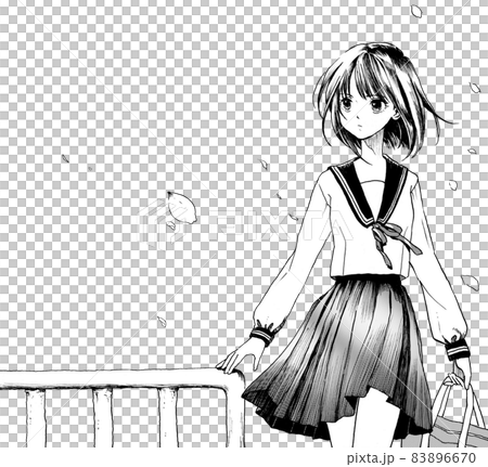 歩いてくる女子学生のモノクロイラスト背景なし 歩いてくる女子学生のモノクロイラスト背景なし 83896670