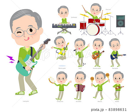 ロックンロールやポップミュージックを演奏する緑ジャージ高齢男性のセット 83898631