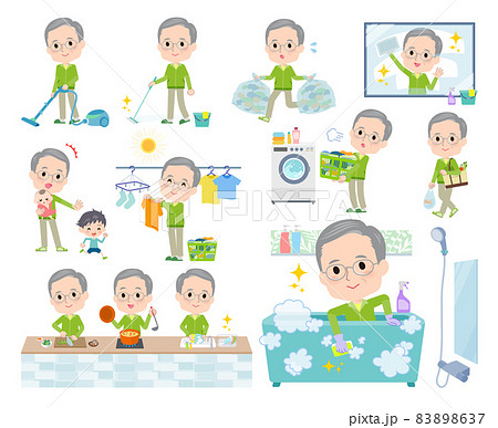 掃除や洗濯など家事に関する緑ジャージ高齢男性のセット 83898637