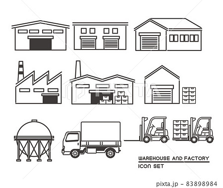 倉庫や工場 トラックやフォークリフトなどのベクターイラスト素材 工場 倉庫 運搬 運送 シンプル シのイラスト素材 84