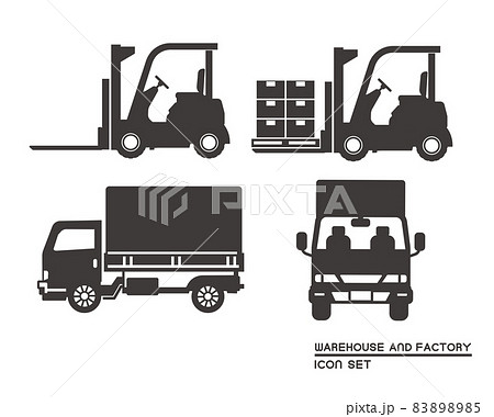 トラックやフォークリフトのシルエットのベクターイラスト素材 工場 倉庫 運搬 運送 シンプル シルエのイラスト素材 85