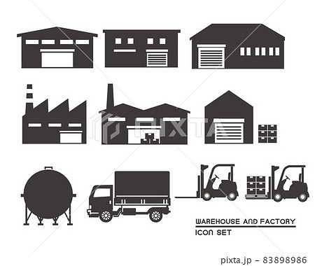 倉庫や工場 トラックやフォークリフトなどのベクターイラスト素材 工場 倉庫 運搬 運送 シンプル シのイラスト素材 86