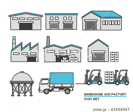 倉庫や工場 トラックやフォークリフトなどのベクターイラスト素材 工場 倉庫 運搬 運送 シンプル シのイラスト素材 87