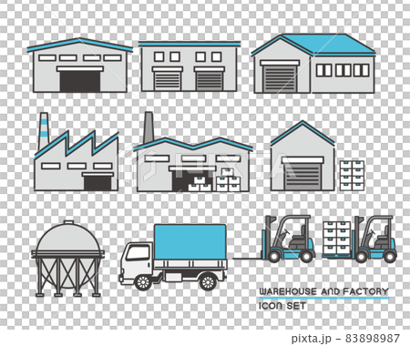 倉庫や工場 トラックやフォークリフトなどのベクターイラスト素材 工場 倉庫 運搬 運送 シンプル シのイラスト素材 87