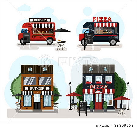 A set of vector food trucks, fast food and cafes. Cartoon burgers cafe and pizza cafe icons. Flat design of facades. Cliparts. Facade of an restaurant parlor with a summer outdoor terrace A set of vector food trucks, fast food and cafes. Cartoon burgers cafe and pizza cafe icons. Flat design of facades. Cliparts. Facade of an restaurant parlor with a summer outdoor terrace 83899258
