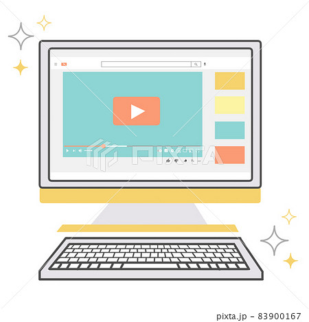カラフルなデスクトップパソコンイラスト 動画再生画面のイラスト素材