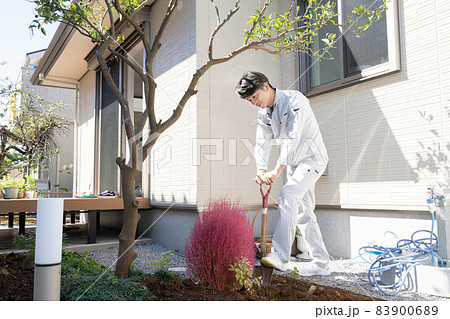 戸建ての庭に木を植える造園業の職人 83900689