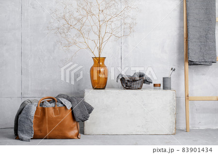 Organic waffle linen towels, bamboo toothbrushes, bathroom zero waste accessories in grey shades in contemporary bathroom interior. Daily body care, spa and wellness zero waste bathroom concept 83901434