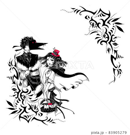 Black-and-white book illustration for a fairy tale with red elements about a girl and a wolf in a mask, the emotional relationship of their couple as a victim and predator and asbestos patterns 83905279