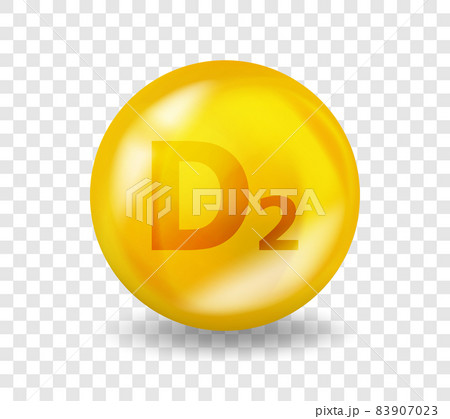 Vitamin D2 Ergocalciferol. Vitamin complex illustration concept. D2 Ergocalciferol pill capsule. 3D Yellow drug nutrition design 83907023