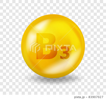 Vitamin B3 Niacin. Vitamin complex illustration concept. B3 Niacin pill capsule. 3D Yellow drug nutrition design Vitamin B3 Niacin. Vitamin complex illustration concept. B3 Niacin pill capsule. 3D Yellow drug nutrition design 83907027