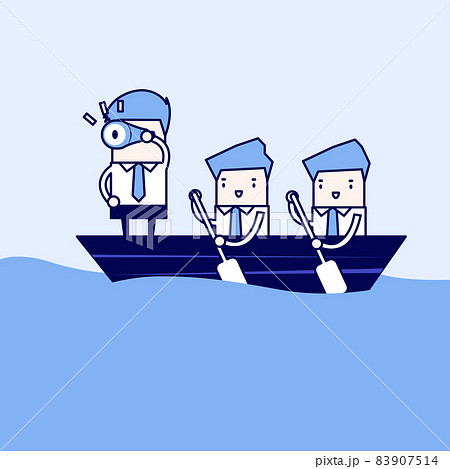 Businessmen in rowing boat two rowers one captain manager boss leader. Cartoon character thin line style vector. Businessmen in rowing boat two rowers one captain manager boss leader. Cartoon character thin line style vector. 83907514