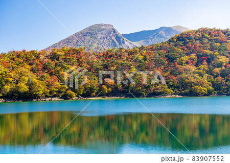 秋の霧島えびの高原に紅葉が美しい池の風景 83907552