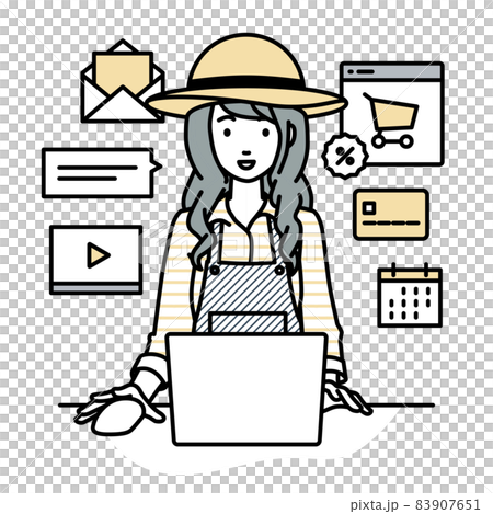 A farmer woman sitting at a desk and doing an online shop or marketing job on a PC 83907651