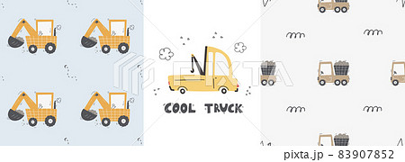 Cute children's seamless pattern with trucks and diggers in Scandinavian style on a white background. Building equipment. Funny construction transport Cute children's seamless pattern with trucks and diggers in Scandinavian style on a white background. Building equipment. Funny construction transport 83907852