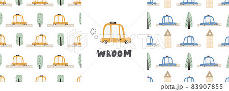 Cute children's seamless pattern with trucks and diggers in Scandinavian style on a white background. Building equipment. Funny construction transport 83907855