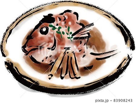 鯛のかぶと煮の和風手描き筆書きイラスト 83908243