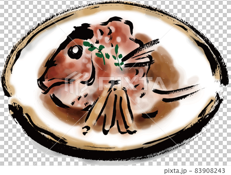 鯛のかぶと煮の和風手描き筆書きイラスト 83908243
