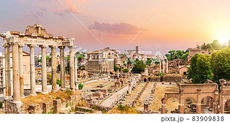 Roman Forum sunset panorama, full view of the ruins, Rome, Italy Roman Forum sunset panorama, full view of the ruins, Rome, Italy 83909838