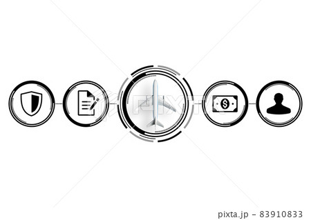 The concept of various types of insurance as a business. Abstract airplane with icons of shield, contract, money near The concept of various types of insurance as a business. Abstract airplane with icons of shield, contract, money near 83910833