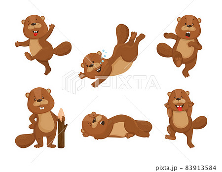 Set Of Illustrations With Beaver Characterのイラスト素材