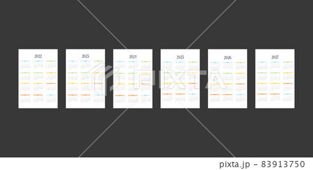 2022 2023 2024 2025 2026 2027 calendar template in classic strict style with multicolor elements. Monthly calendar individual schedule minimalism restrained design for business notebook. Week starts 83913750