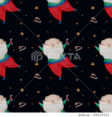 Christmas Seamless pattern with Cute Santa Claus on black background with stars and candies. Watercolor. Hand drawing for kids collection, New Years decor, packaging, wallpaper and design. Christmas Seamless pattern with Cute Santa Claus on black background with stars and candies. Watercolor. Hand drawing for kids collection, New Years decor, packaging, wallpaper and design. 83914191