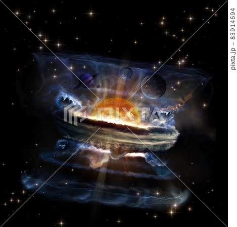 Sci-fi collage of an alien planetary system inside black hole. Group of planets and the sun and mirror part of the system. Elements of this image furnished by NASA. Sci-fi collage of an alien planetary system inside black hole. Group of planets and the sun and mirror part of the system. Elements of this image furnished by NASA. 83914694