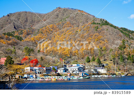 榛名湖 湖畔の宿とボート乗り場 カラフルな紅葉 榛名湖 湖畔の宿とボート乗り場 カラフルな紅葉 83915589