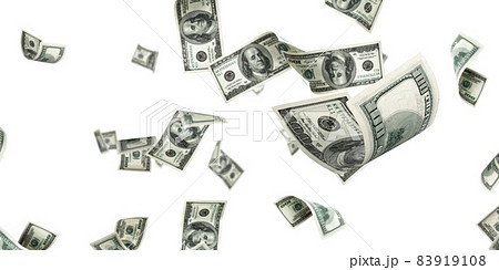 Money stack. Hundred dollars of America. Falling money isolated, us bill white background. Money stack. Hundred dollars of America. Falling money isolated, us bill white background. 83919108