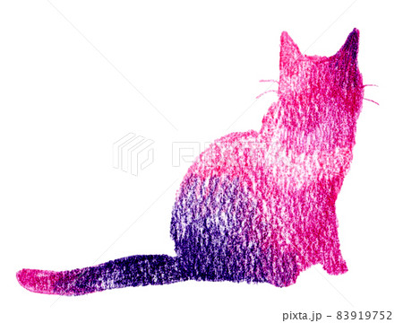 猫のシルエットの手描き色鉛筆イラスト 座るポーズ 紫色 のイラスト素材