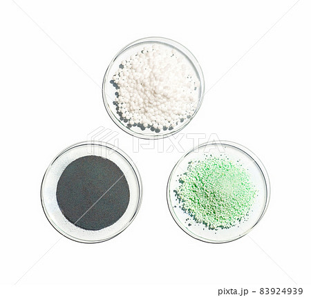 Carbamide, Ferrous Sulfate and Zinc Powder in Chemical Watch Glass. Close up chemical ingredient on white laboratory table. Top View 83924939