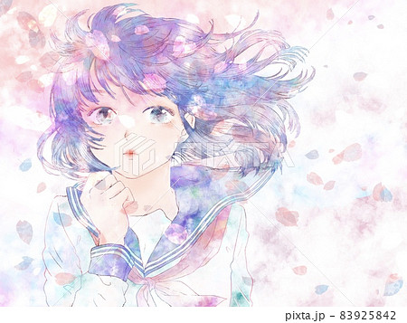 拳を握って決意する女子学生 ピンク系背景と桜吹雪のイラスト素材