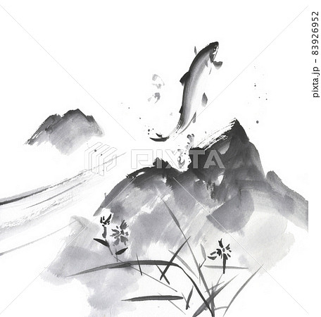 飛び跳ねる鮎 背景に岩と花 墨絵イラストのイラスト素材 [83926952