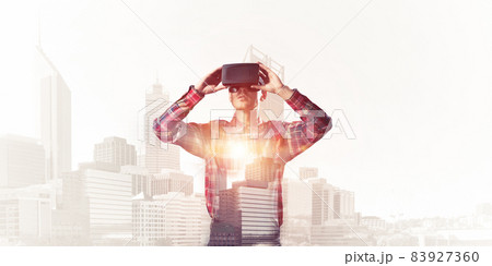 Guy wearing checked shirt and virtual mask demonstrating some emotions 83927360