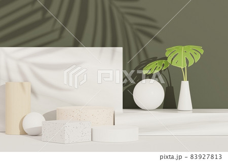 3d render of abstract pedestal podium display with terrazzo and Monstera leaves. Product and promotion concept for advertising. Green natural background. 83927813