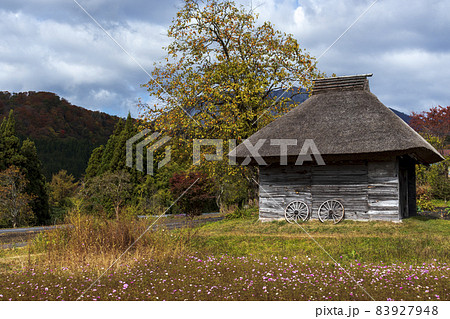 田舎の風景　茅葺小屋と柿の木と大山 83927948