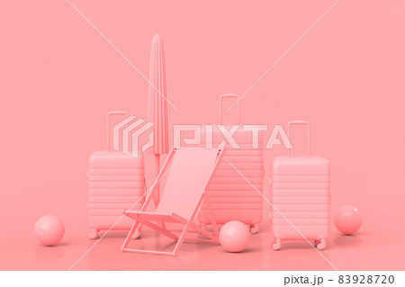 Suitcase with beach ball, umbrella and chair on monochrome pink background. 3D render of summer vacation concept and holidays 83928720