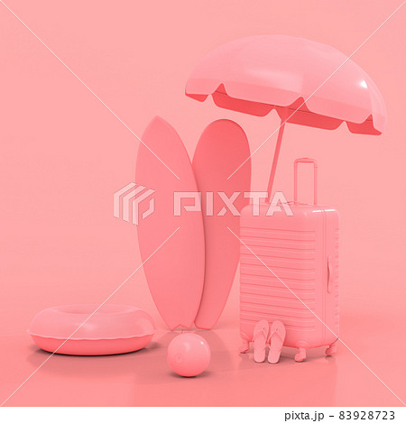 Suitcase with beach ball and surf board on monochrome pink background. 3D render of summer vacation concept and holidays 83928723