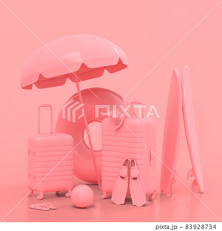 Suitcase with beach umbrella and surf board on monochrome pink background. 3D render of summer vacation concept and holidays Suitcase with beach umbrella and surf board on monochrome pink background. 3D render of summer vacation concept and holidays 83928734